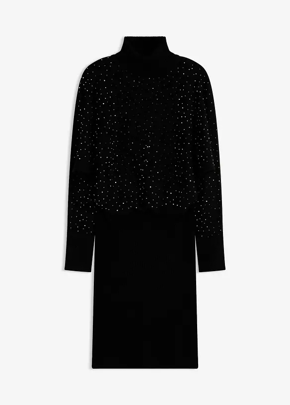 Strickkleid mit Glitzersteinchen in schwarz von vorne - bonprix