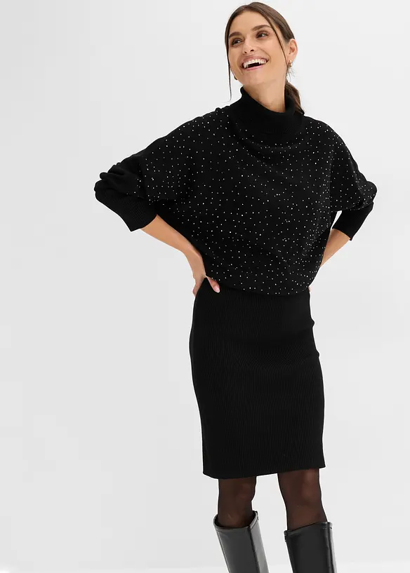Strickkleid mit Glitzersteinchen in schwarz von vorne (Totalaufnahme) - bonprix