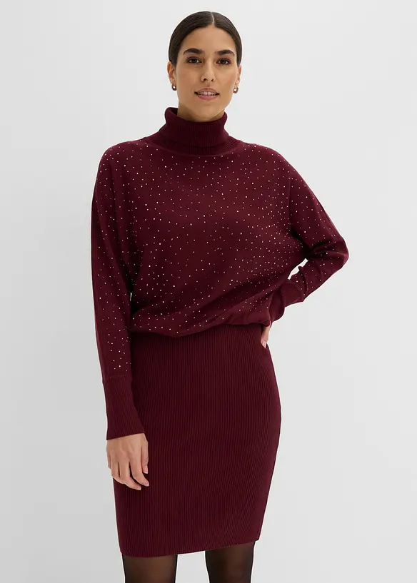 Strickkleid mit Glitzersteinchen in rot von vorne (Totalaufnahme) - bonprix