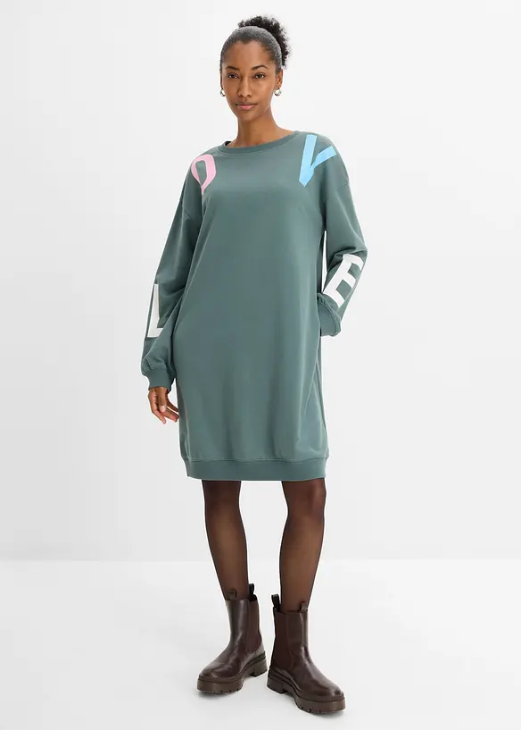 Sweatkleid aus weichem Baumwoll-Mix in grün von vorne (Totalaufnahme) - bonprix