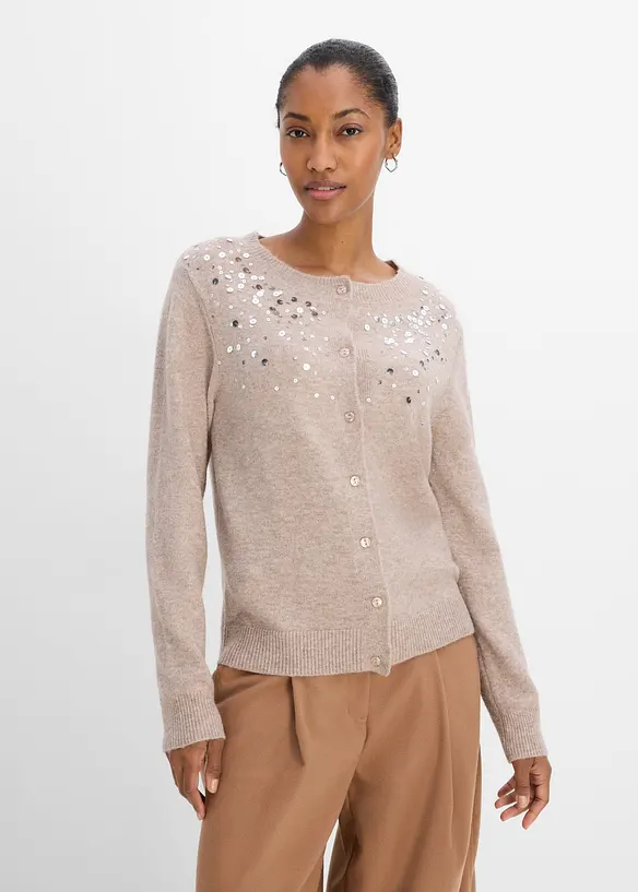 Strickjacke mit funkelndem Pailletten-Verlauf in beige von vorne (im Anschnitt) - bonprix