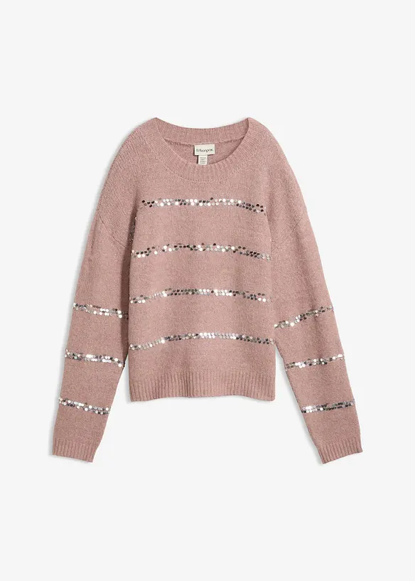 Feinstrickpullover mit Pailletten-Streifen in rosa von vorne - bonprix