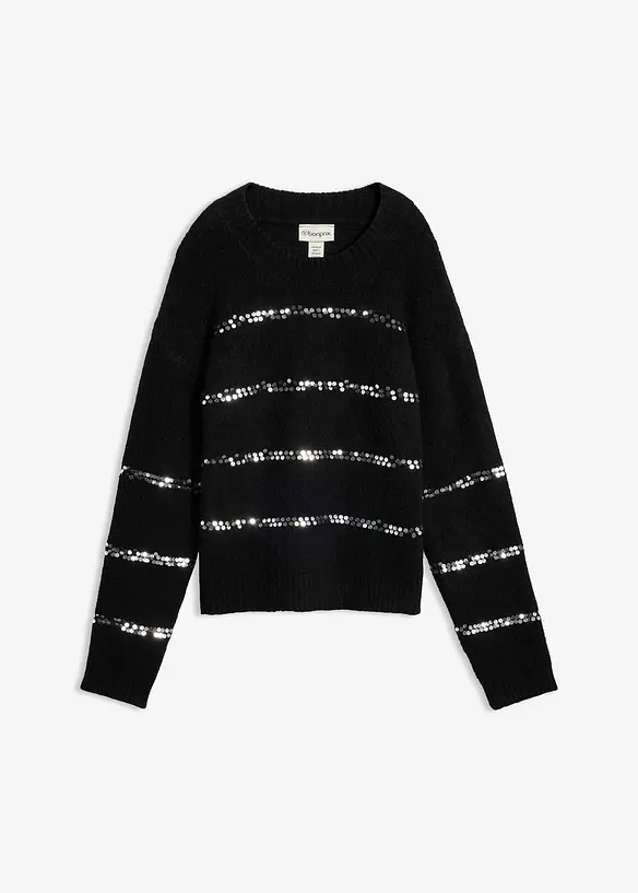 Feinstrickpullover mit Pailletten-Streifen in schwarz von vorne - bonprix