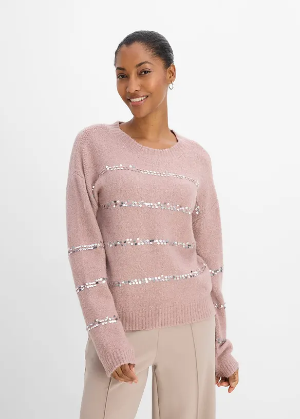 Feinstrickpullover mit Pailletten-Streifen in rosa von vorne (im Anschnitt) - bonprix