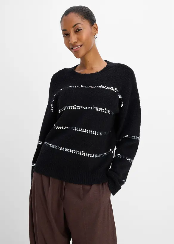 Feinstrickpullover mit Pailletten-Streifen in schwarz von vorne (im Anschnitt) - bonprix