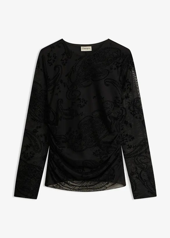 Langarmshirt aus feinem Mesh in schwarz von vorne - bonprix