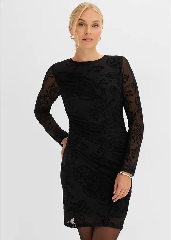 Jerseykleid aus feinem Mesh in schwarz von vorne (Totalaufnahme) - bonprix