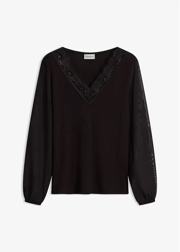 Langarmshirt mit Spitzenbesatz am V-Ausschnitt in schwarz von vorne - bonprix