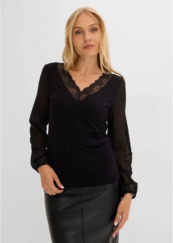 Langarmshirt mit Spitzenbesatz am V-Ausschnitt in schwarz von vorne (im Anschnitt) - bonprix