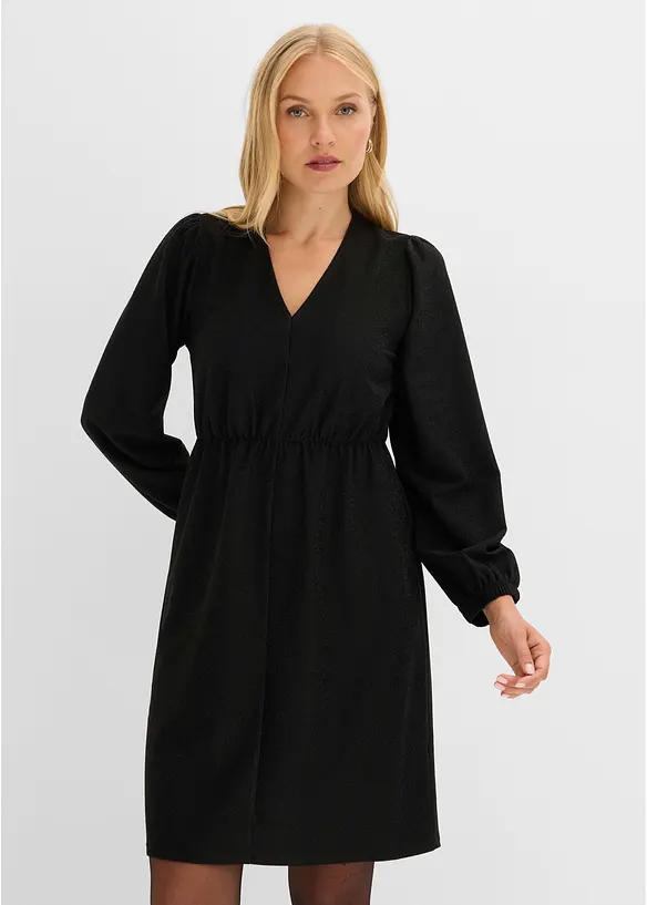Kleid mit V-Ausschnitt und Bindeband im Rücken in schwarz von vorne (Totalaufnahme) - bonprix Kleid mit V-Ausschnitt und Bindeband im Rücken in schwarz von vorne (Totalaufnahme) - bonprix