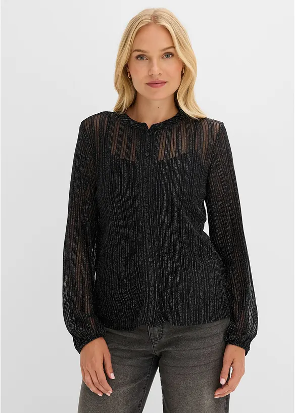 Bluse in schimmernder Plissee-Optik in schwarz von vorne (im Anschnitt) - bonprix