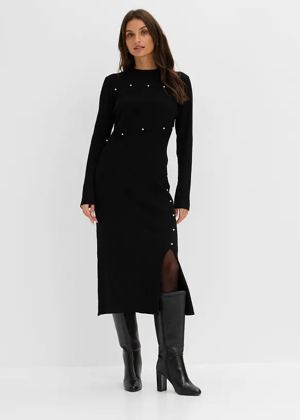 Strickkleid mit Perlen-Details in schwarz von vorne (Totalaufnahme) - bonprix