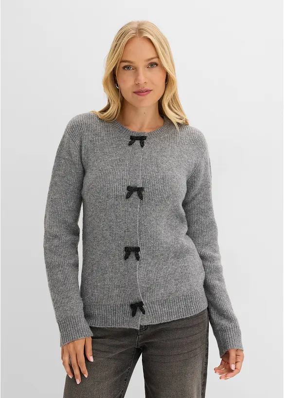 Feinstrickjacke mit Schleifen-Verschluss in grau von vorne (im Anschnitt) - bonprix