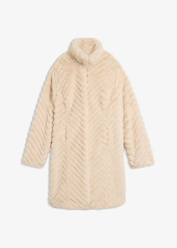 Fellimitat-Mantel mit Stehkragen in beige von vorne - bonprix