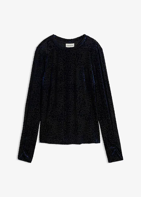 Langarmshirt aus Dévoré-Samt in blau von vorne - bonprix