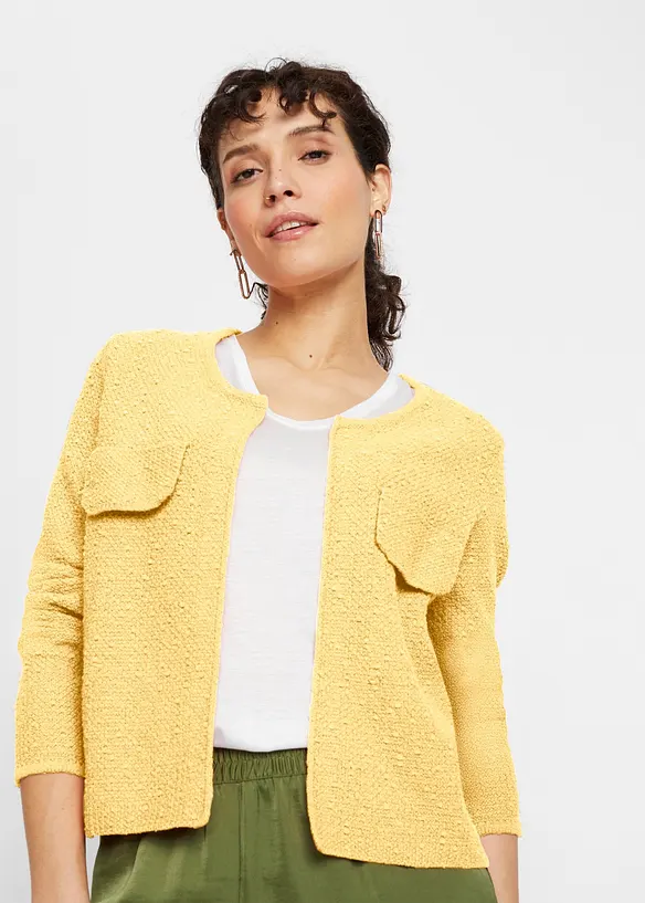 Bouclé Strickjacke in gelb von vorne (im Anschnitt) - bonprix Bouclé Strickjacke in gelb von vorne (im Anschnitt) - bonprix