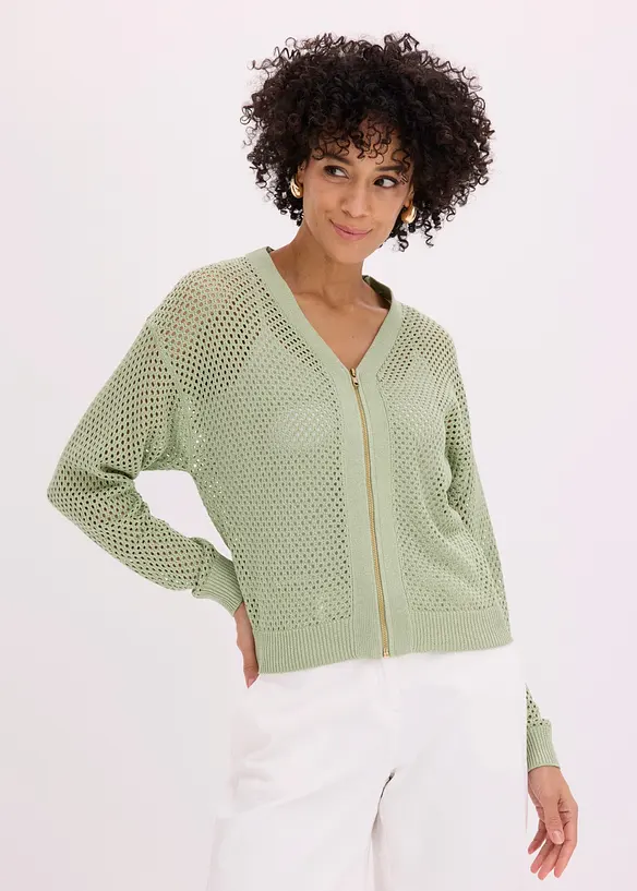 Ajour-Strickjacke mit Glitzereffekt in grün von vorne (im Anschnitt) - bonprix Ajour-Strickjacke mit Glitzereffekt in grün von vorne (im Anschnitt) - bonprix