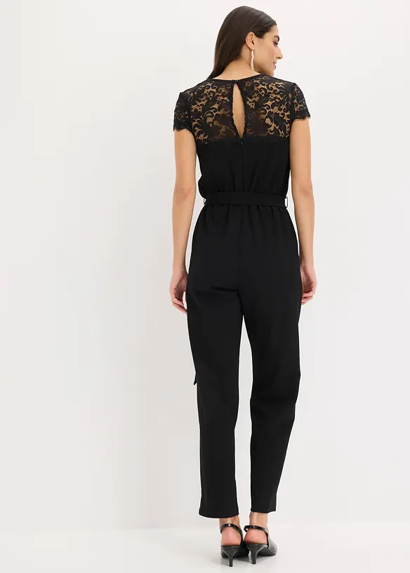 Overall aus feinem Jersey mit Spitze in schwarz von hinten (Totalaufnahme) - bonprix