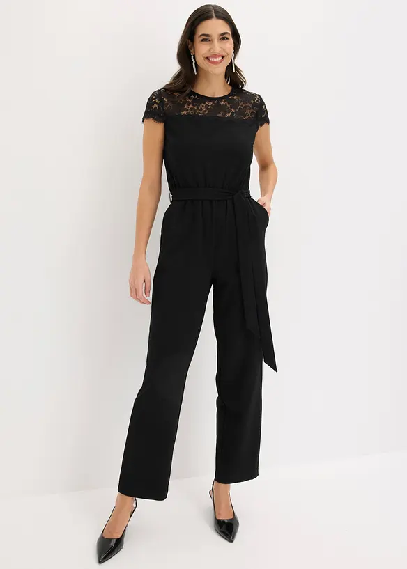 Overall aus feinem Jersey mit Spitze in schwarz von vorne (Totalaufnahme) - bonprix