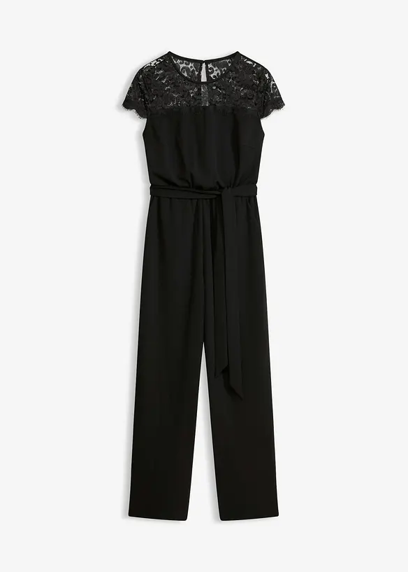 Overall aus feinem Jersey mit Spitze in schwarz von vorne - bonprix