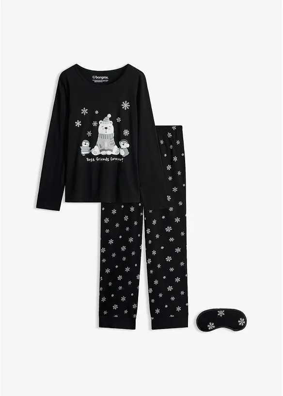 Pyjama aus reiner Baumwolle mit Schlafmaske in schwarz von vorne - bonprix