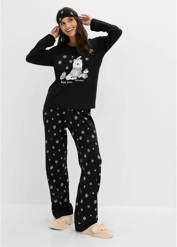 Pyjama aus reiner Baumwolle mit Schlafmaske in schwarz im Look von vorne (Totalaufnahme) - bonprix