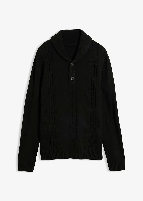Grobstrick-Pullover mit Schalkragen und Zopfmuster in schwarz von vorne - bonprix