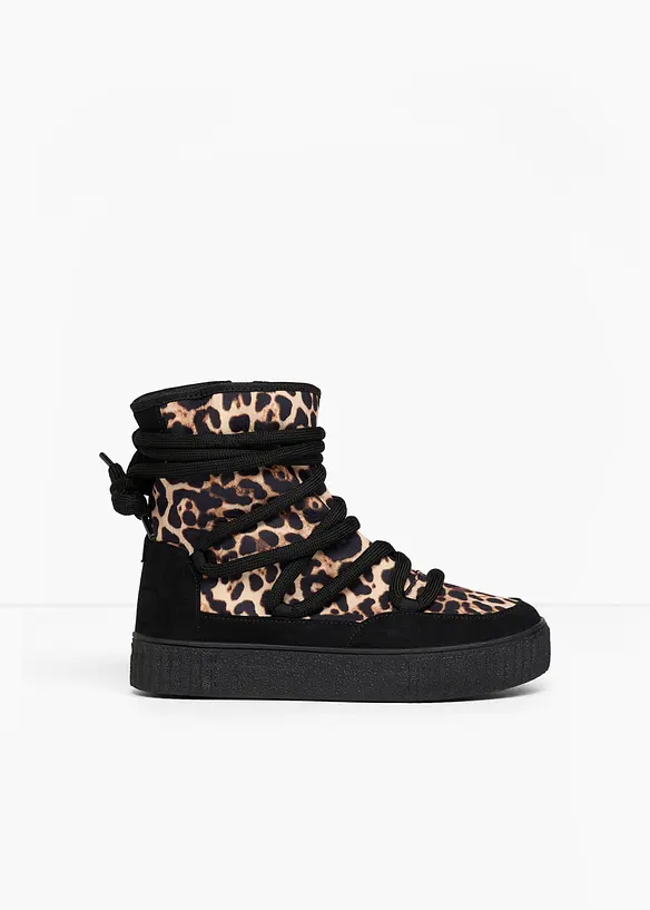 Gefütterte Schnürboots im Animal-Look in schwarz - bonprix