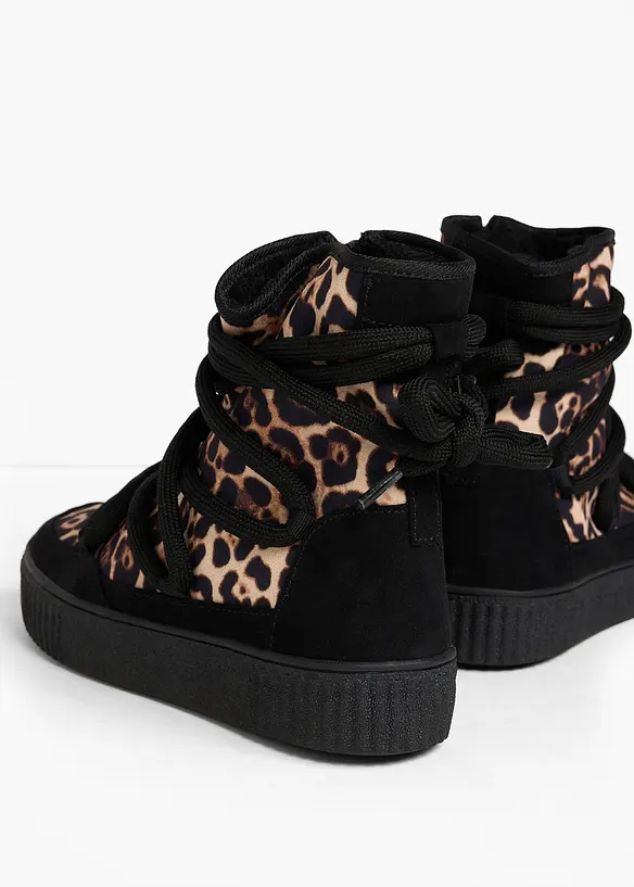 Gefütterte Schnürboots im Animal-Look in schwarz - bonprix