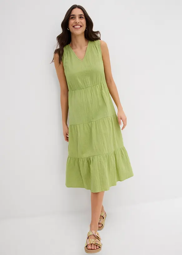 Baumwoll-Midikleid aus weichem Musselin in grün von vorne (Totalaufnahme) - bonprix