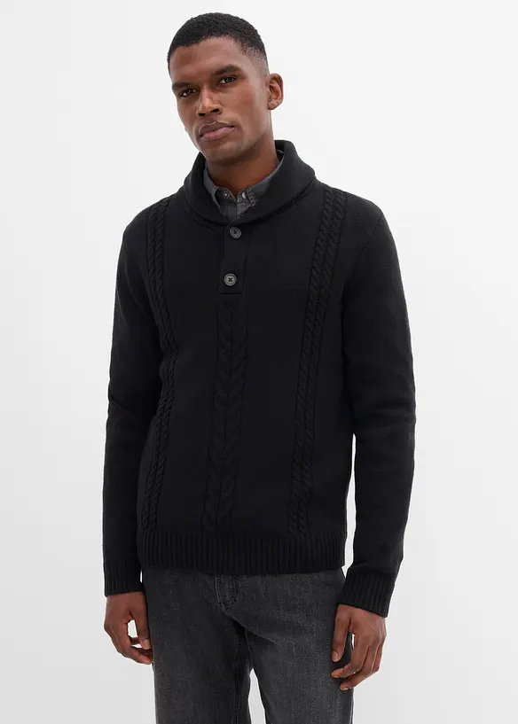 Grobstrick-Pullover mit Schalkragen und Zopfmuster in schwarz von vorne (im Anschnitt) - bonprix