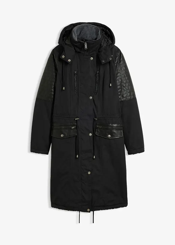 Long-Parka mit Lederimitateinsatz in schwarz von vorne - bonprix