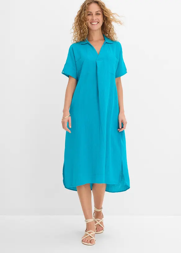Musselin-Kaftan-Kleid aus reiner Baumwolle in blau von vorne (Totalaufnahme) - bonprix