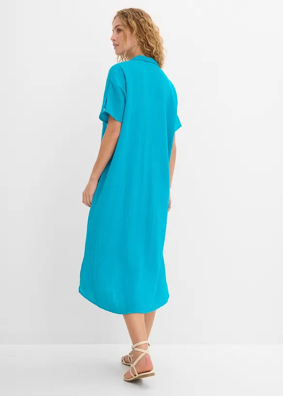 Musselin-Kaftan-Kleid aus reiner Baumwolle in blau von hinten (Totalaufnahme) - bonprix