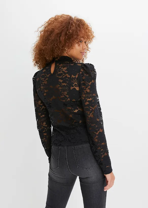Figurbetontes Langarmshirt mit Spitze in schwarz von hinten (im Anschnitt) - bonprix Figurbetontes Langarmshirt mit Spitze in schwarz von hinten (im Anschnitt) - bonprix