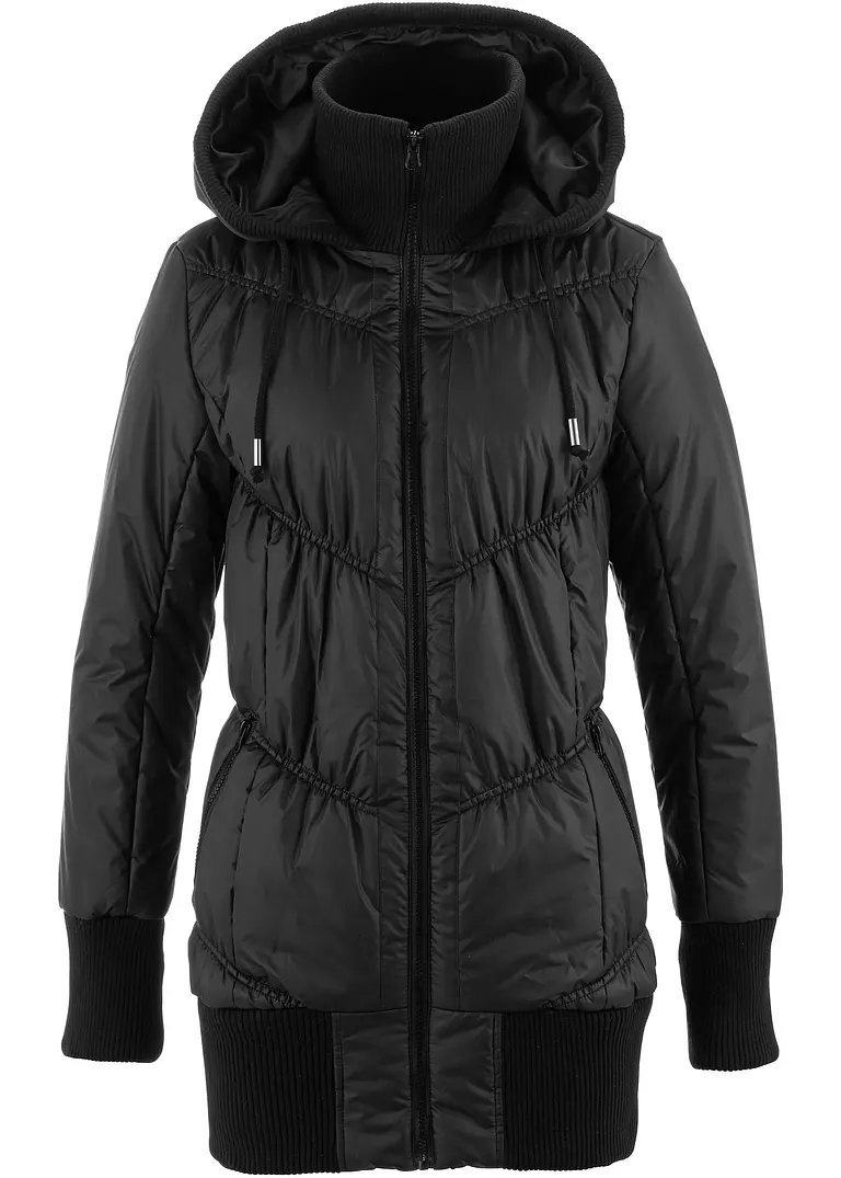 Steppjacke mit breitem Komfortbund und Kapuze in schwarz von vorne - bonprix