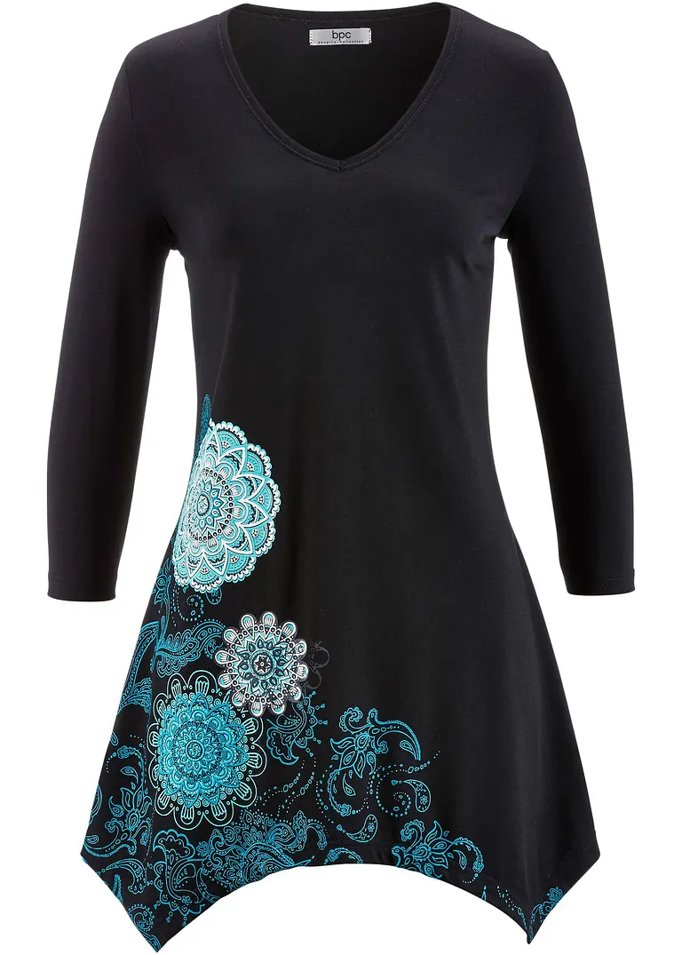 Zipfel-Longshirt mit V-Ausschnitt, 3/4-Arm in schwarz - bonprix