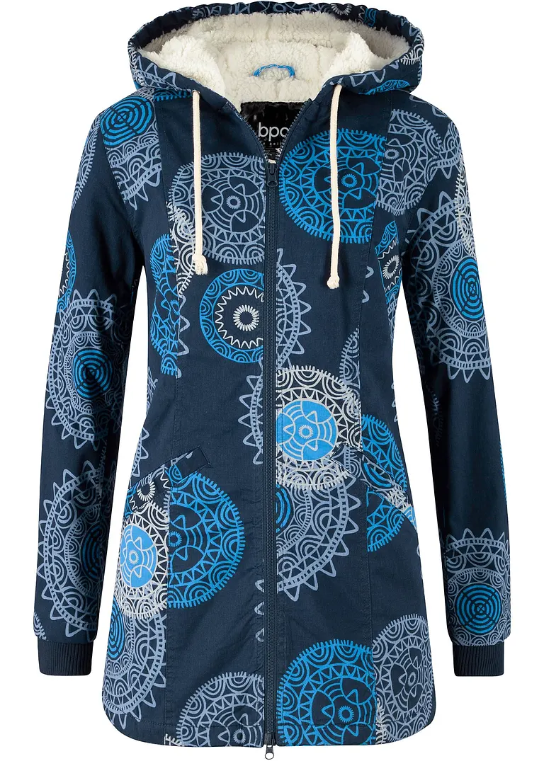 Bedruckter Baumwoll-Parka mit Kapuze in blau von vorne - bonprix