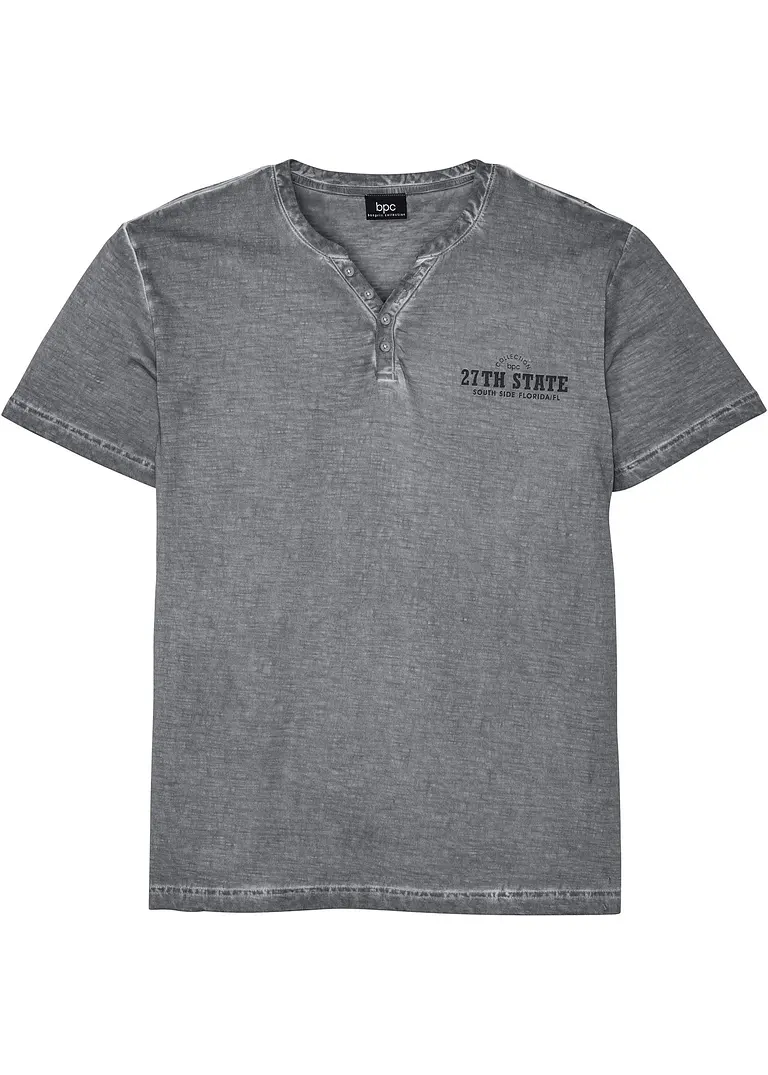 Henleyshirt, Kurzarm in gewaschener Optik aus reiner Baumwolle in grau von vorne - bonprix