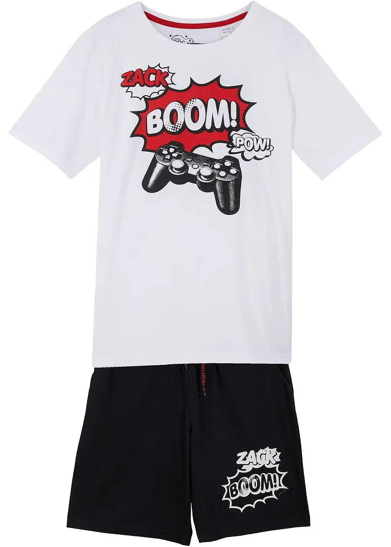 T-Shirt und Jersey-Bermuda (2-tlg. Set) aus reiner Baumwolle in weiß von vorne - bonprix
