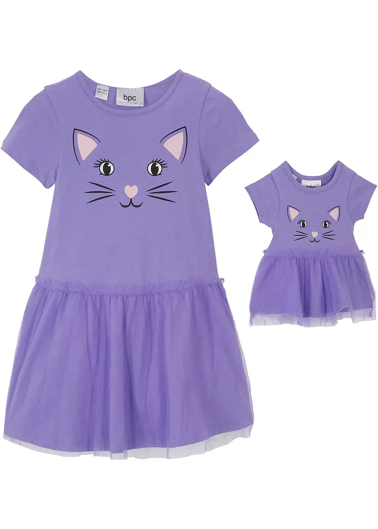 Jerseykleid und Puppenkleid (2-tlg.) aus reiner Bio-Baumwolle in lila von vorne - bonprix