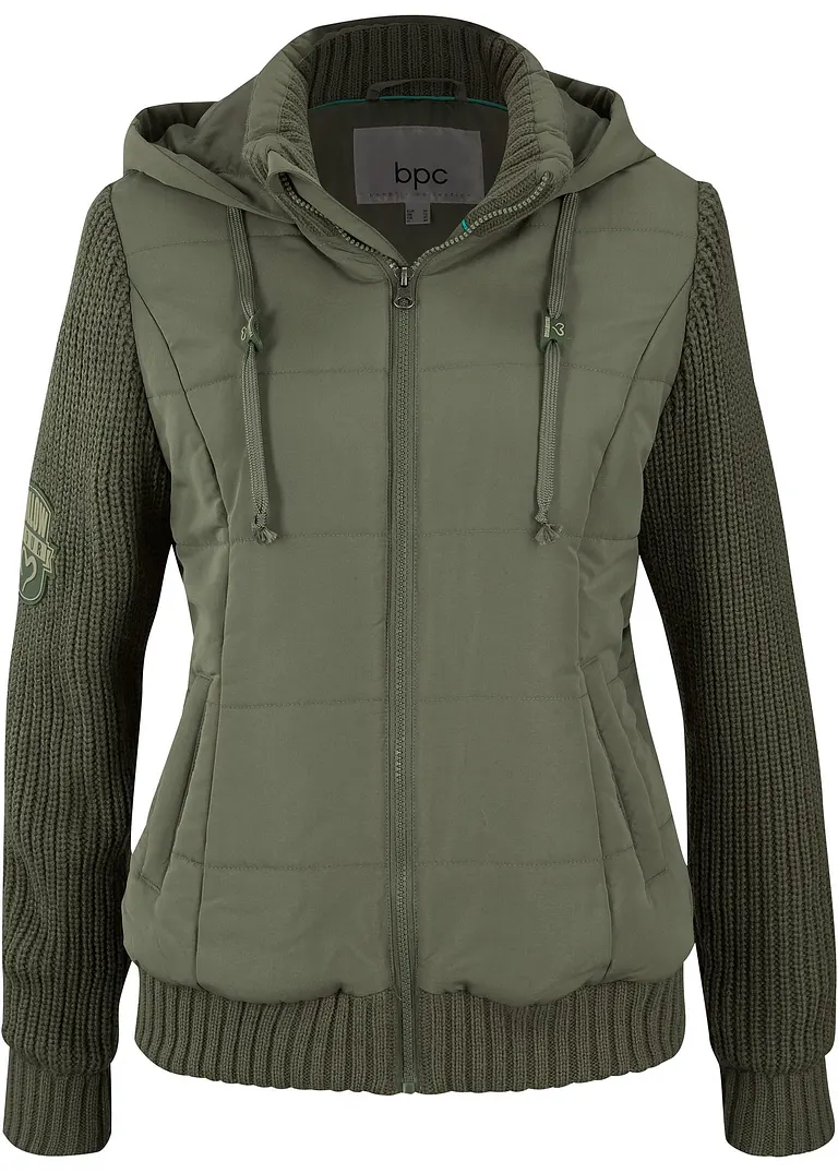 Übergangs-Jacke mit Strickärmeln und Kapuze in grün von vorne - bonprix