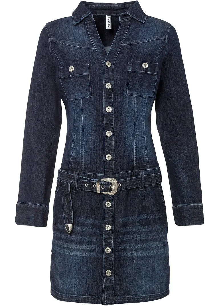 Jeans Kleid mit Gürtel in blau von vorne - bonprix