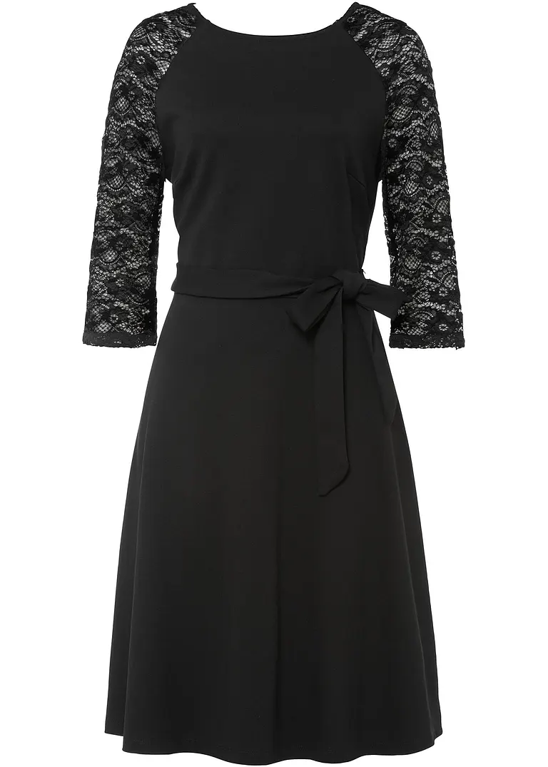 Jerseykleid mit Spitzenärmeln in schwarz von vorne - bonprix