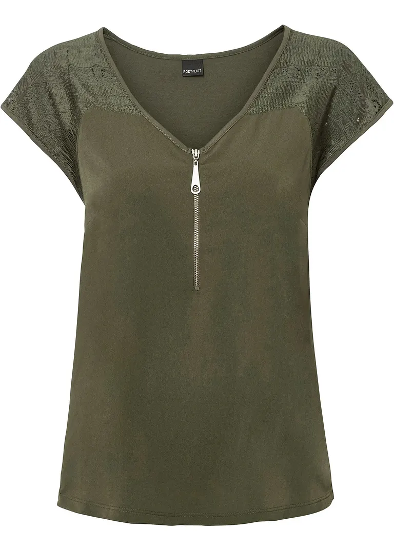Shirt mit Spitzeneinsatz in grün von vorne - bonprix