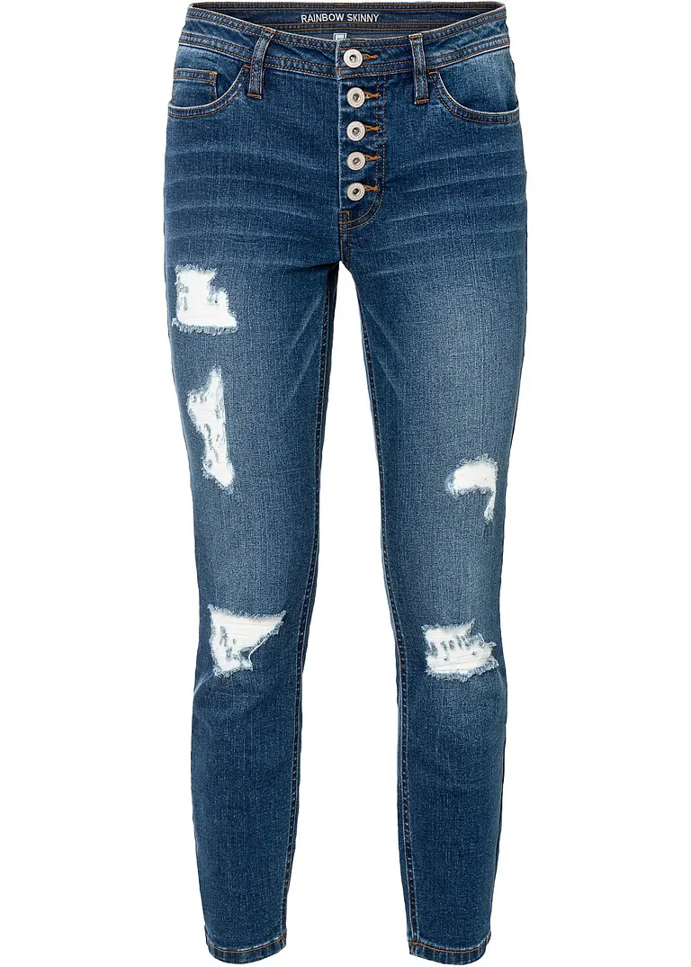 Skinny-Jeans, Mid Waist, Destroyed in blau von vorne - bonprix