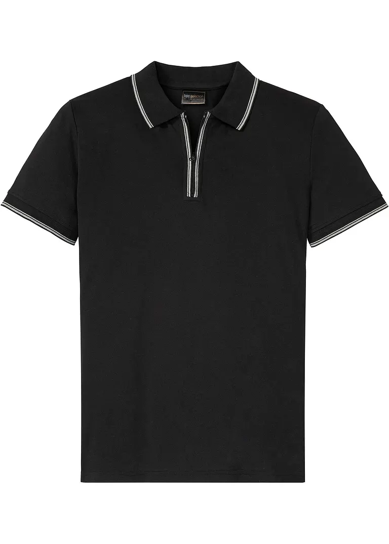Piqué-Poloshirt mit Reißverschluss aus reiner Baumwolle in schwarz von vorne - bonprix