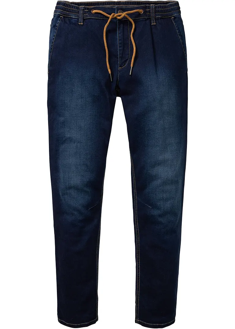Regular Fit Sweat-Schlupfjeans, Tapered in blau von vorne - bonprix