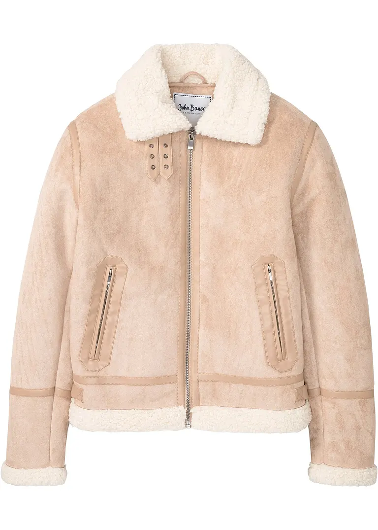 Lederimitat-Jacke mit Teddyfutter in beige von vorne - bonprix