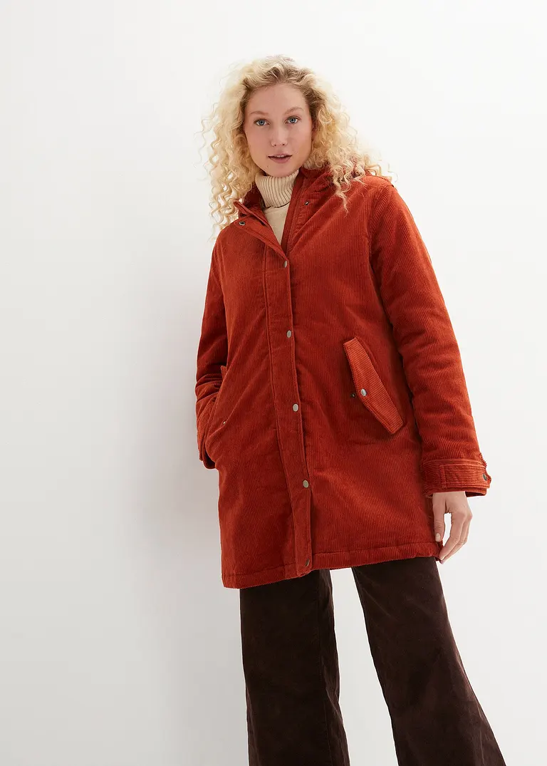 Warmer Cord-Parka mit Teddy-Futter in der Kapuze, in A-Linie in braun von vorne (im Anschnitt) - bonprix